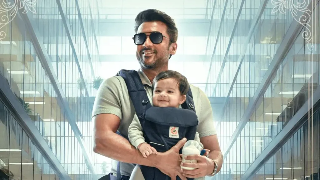 Actor Surya holding a baby and milk bottle in Viswanath and Sons movie poster